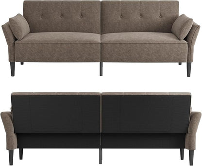 89” Futon Sofa Bed, Comfy Futon Couch Bed with 2 Square Pillows, Convertible Sleeper Sofa with Adjustable Backrest& Armrests, Modern Loveseat Sleeper for Living Room, Bedroom, Light Brown