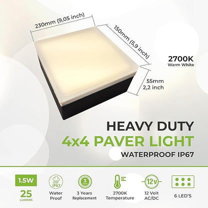 LUMENGY Paver Light 4×4 Inch (3.93 inch X 3.93 inch), Glare-Free 5000K Brick Lighting for Paver Driveways, Pathways, Patios & Garden, 12V Waterproof & Drive-Over Rated