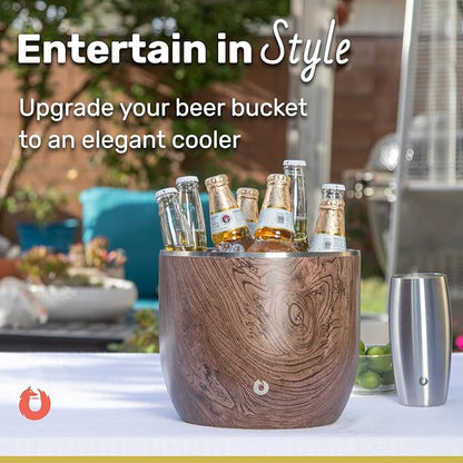 SNOWFOX XL Premium Vacuum Insulated Double Wall Stainless Steel Ice Bucket with Lid/Scoop, Bar Accessories, Large Elegant Party Bucket, Chill Several Bottles, Beautiful Entertaining, 7L, Natural Teak