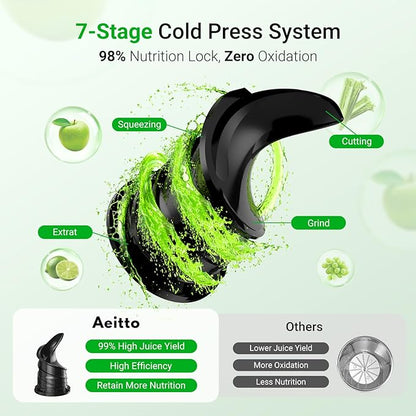 Juicer Machines,Aeitto Cold Press Juicer with 5.3“ Extra Large Feed Chute for Whole Fruits & Vegetables, Juice Extractor Machine, Self Feeding, Easy to Clean, High Juice Yield, Black