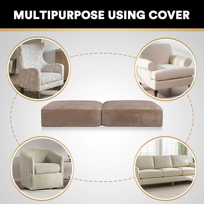 PrinceDeco Velvet Sofa Cushion Covers, Stretch Couch Cushion Covers for Individual Seat Couch Slipcover Sets Furniture Protector for Loveseat Sofa Cushion Width Up to 29.5", Taupe