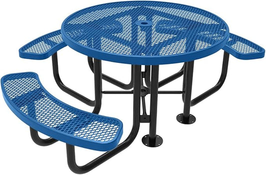 Heavy-Duty Portable Outdoor Picnic Table with Umbrella Hole, Expanded Metal Patio Dining Furniture Made in America (46" Round Top, Textured Light Blue)
