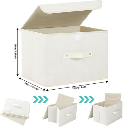 Storage Boxes, Collapsible Storage Bins with Lids, Cotton and linen cloth Storage Baskets with Handle, for Books, Closet, Bedroom, Home, 15x9.8x9.8 in, Grey and Beige