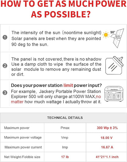DOKIO 300W Portable Foldable Solar Panel Kit (21x40in, 17lb), with Separate Controller and Dual USB, Monocrystalline Charger for 12V Batteries, Power Stations, RV Camping Emergency Use