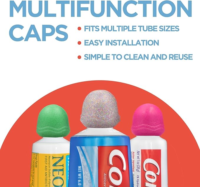 Chrome Cherry SqueezMe Self-Closing Toothpaste Caps, Silicone Lid for Kids & Adults, No Mess Toothpaste Dispenser, Easy Squeezer Cap for Tubes, Bathroom Accessory, Glitter, Pack of 6