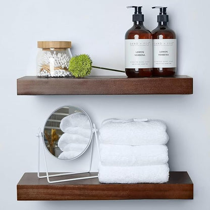 Homeforia Walnut 18 inch Floating Shelf, High End Solid Real Wood 18inch Floating Shelves for Wall Mounted, Dark Brown 18 inches Long Floating Shelves, Heavy Duty Bracket, 18 X 6.5 X 1.75 in, Set of 2