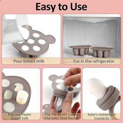 JEXFUN Silicone Baby Fruit Food Feeder Pacifier & Breastmilk Popsicle Freezer Molds, Double as Baby Teething Toys, Freezable Feeding Set for Breast Milk Ice Cubes, Food, Vegetable Purees - (Sand)