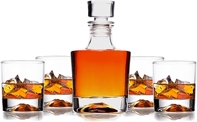 Whiskey Decanter Glasses Gift Set - 4 Whiskey Glasses - Airtight Stopper for Wine, Bourbon, Brandy, Juice, Water - Decanter Sets For Men Christmas Gifts for Dad Boyfriend Husband Him - Bezrat