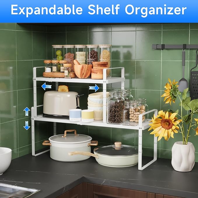 Expandable Cabinet Shelf Organizer, Stackable Kitchen Pantry Counter Storage, Adjustable Closet Cupboard Stand Rack Risers Spice Organization 80LBS Heavy Duty White 3 Pack