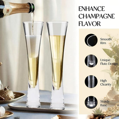 Champagne Flutes Set of 2, Hand Blown Crystal Champagne Glasses, Modern Unique Design, Lead-Free Prosecco Flutes, Elegant Toasting Glasses Gift for Wedding, Anniversary, Birthday, Christmas