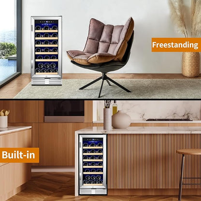 15 Inch Wine Fridge 32 Bottles Wine Cooler Refrigerator Undercounter Wine Fridge with Glass Door, LED Light, Removable Wooden Shelves, Built-in or Freestanding Wine Refrigerator for Home Office Bar