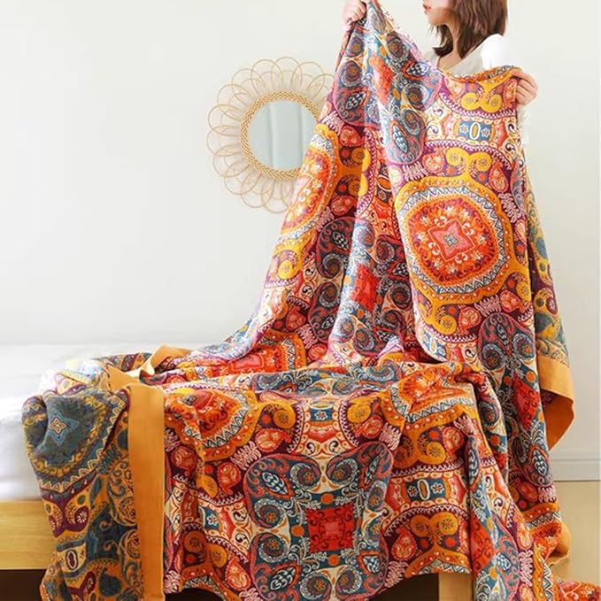 Boho Muslin Blanket for Adults 4-Layer Gauze 80 x 90 Inches Soft Cozy 100% Cotton Summer Cooling Blanket Geometric Floral Decor for Sofa Bed Coverlet Both Sides (A Boho Figure Orange, 80 x 90 in)