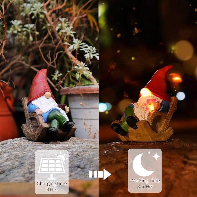 Solar Garden Gnomes Outdoor Statue with Solar Lights,7.1“ Figurine Lights Solar Garden Yard Decorations Outdoor Decorations for Patio,Yard,Lawn Ornament，Mom Gift Unique Housewarming Gifts