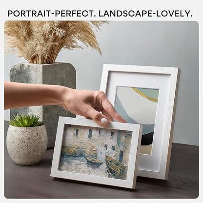 Homeforia A5 Picture Frame White Wood, High-End Oak 5.8x8.3 Frame Matted to 4.1x5.8 inch Photo, A5 Size Walnut Wooden Frames with Mat A6 for Print, 5.8 by 8.3 Frame, Tempered Glass, Wall Kit, Set of 1