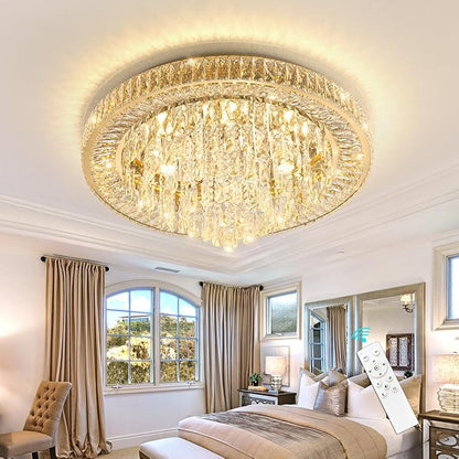 Modern Crystal Chandeliers for Living Room Ceiling Light Fixture LED Dimmable Lamp with Remote Pendant Lighting Flush Mount Ceiling Light for Dining Room Bedrooms Foyer