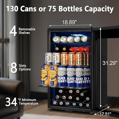 Tylza 130 Can Beverage Refrigerator Cooler, 3.22 Cu.Ft Beverage Cooler with Low-E Glass Door, Safety Lock, Beverage Fridge for Soda, Beer, Wine, Mini Fridge for Home, Office, Bar, Bedroom, Black