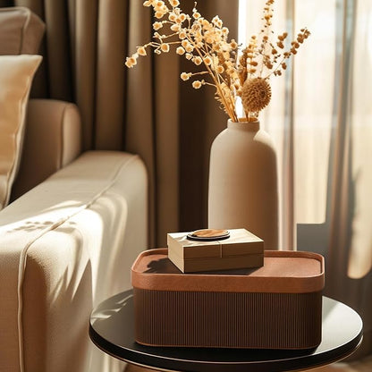 La Jolie Maison Fluted Cardboard Storage Baskets with Leather-Like Lids, Sturdy Stackable Paper Boxes Decorative Tray, Set of 3 Chestnut
