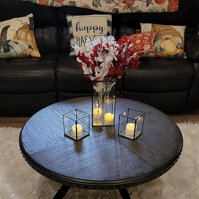 Hewory Glass Hurricane Candle Holder Set of 6, Black Large Hurricane Centerpiece for Table, Tall Floor Square Pillar Candle Holders Lantern Set for Wedding, Anniversary, Party, Fireplace, Dining Room