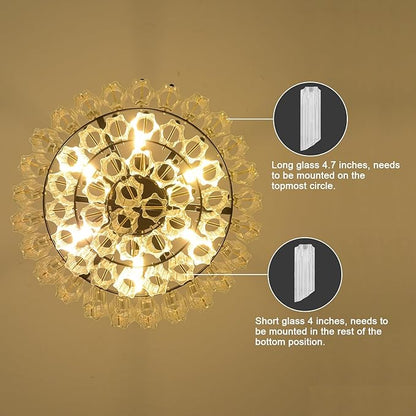 Modern Clear Glass Chandelier, 14" Round Crystal Dining Room Chandelier, Small Black Pendant Light Hanging Fixture for Bedroom, Kitchen Island Light Dimmable Ceiling Lighting Chandeliers for Bathroom