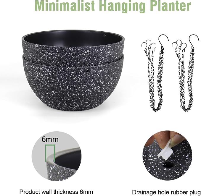 10 inch Hanging Planters for Indoor Outdoor Plants, 2 Pack Hanging Flower Plant Pots with Drainage Holes and Chain for Garden Porch, Plastic Hanging Baskets for House Plants, Speckled Black