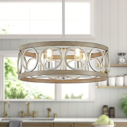 XINGQI 21.7'' Modern Farmhouse Chandelier Drum Pendant Lighting Fixture Hanging Ceiling Lamp for Living Dining Room Over Table, 5 Lights Antique Wood Grain Brushed Nickel with Round Metal