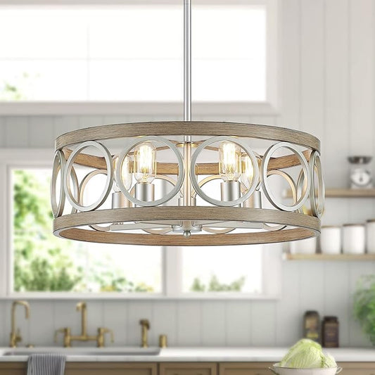 XINGQI 21.7'' Modern Farmhouse Chandelier Drum Pendant Lighting Fixture Hanging Ceiling Lamp for Living Dining Room Over Table, 5 Lights Antique Wood Grain Brushed Nickel with Round Metal