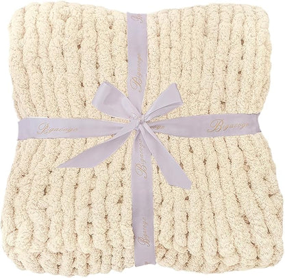 Bigacogo Chunky Knit Throw Blanket for Couch, 60x80 inches, 100% Hand Knitted with Thick Jumbo Chenille Yarn, Cozy Soft Large Rope Knot Cable Crochet Blankets for Sofa Bed Living Room, Beige