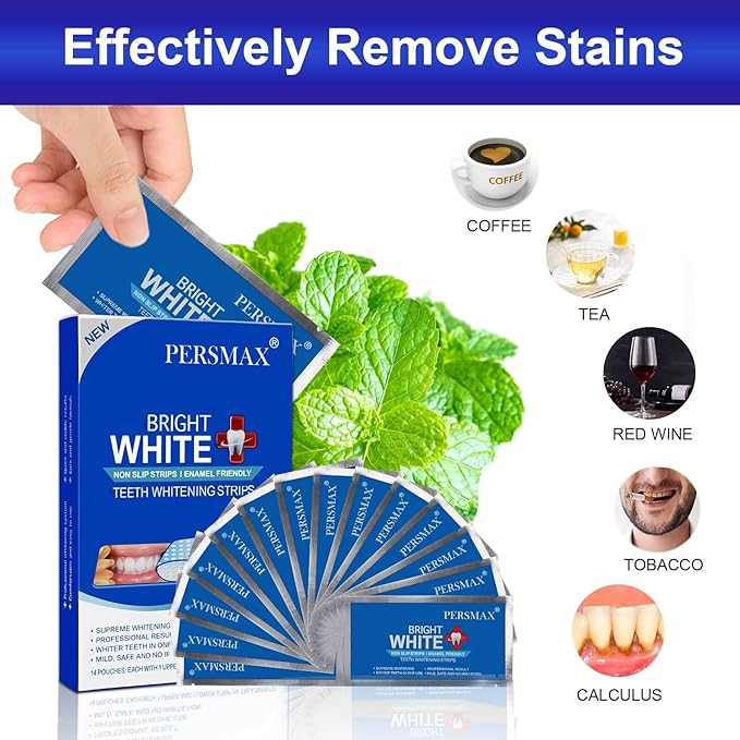 Teeth Whitening Strips for Teeth Sensitive, Non-Slip Enamel-Safe Strips, Professional and Safe Teeth whitening Strips, for Smoking/Coffee/Soda/Wine Stain, 14 Treatments 28 Strips (Mint)