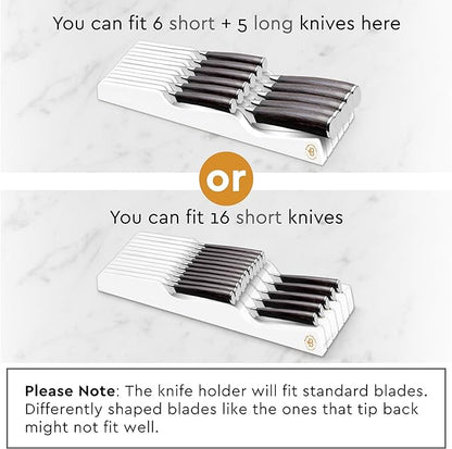 In-Drawer Knife Block Organizer - Bamboo Wood Drawer Knife Organizer - Holds 5 Long + 6 Short Knives (Not Included) - Store Knives with Blades Pointing Down