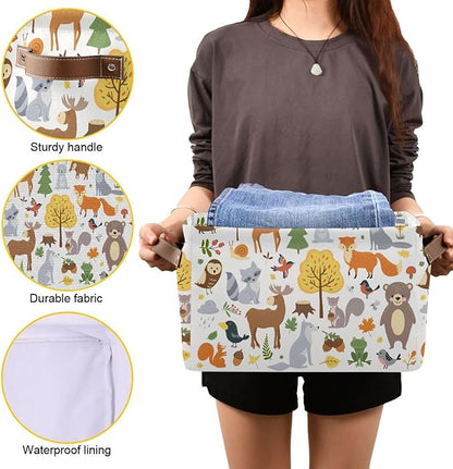 Storage Basket Bin Cute Woodland Animals Organizer Collapsible Shelf Basket Cube with Handle for Nursery Bedroom Bathroom