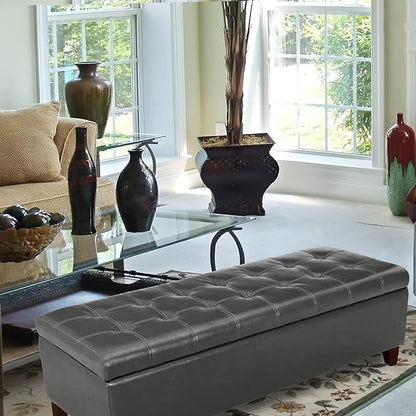Joveco Storage Ottoman Bench, Tufted Leather 51 Inch Storage Bench for End of Bed Bedroom Living Room (51”, Dark Gray)
