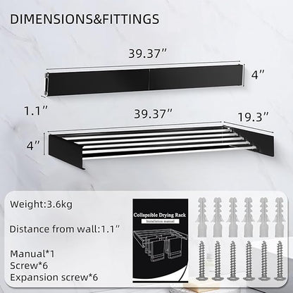 Laundry Drying Rack Collapsible, Wall Mounted Clothes Drying Rack. 39.37" Wide, 19.3 Linear Ft, 5 Aluminum Rods, with Wall Template, Screwdriver Bit (Black 1M)