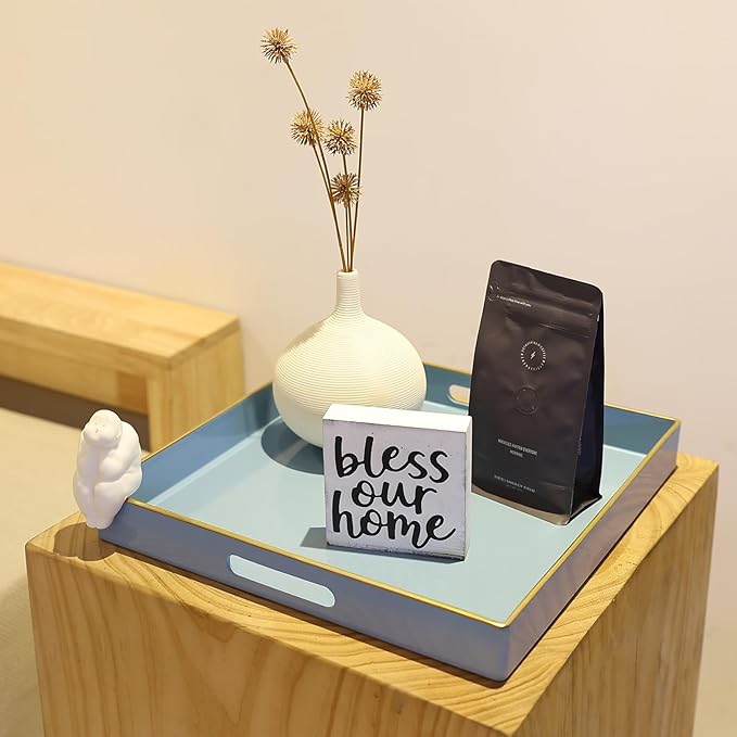 Spsyrine Light Blue Decorative Tray for Living Room, Square Modern Plastic Coffee Serving Table Tray for Ottoman Bathroom Kitchen, 13"*13".