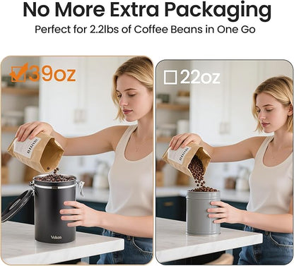 Veken Coffee Canister, 39OZ Large, Airtight Stainless Steel Food Storage Container for 2.2lbs Coffee Beans, Ground, Sugar, Tea, Flour, Rice, Cereal, Cookies Jars, Bar Accessories & Gifts, Black