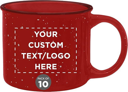 DISCOUNT PROMOS Custom Ceramic Campfire Coffee Mugs 13 oz. Set of 10, Personalized Bulk Pack - Perfect for Tea, Espresso, Cappuccino, Hot Cocoa - Red