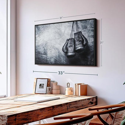 ElephantStock Boxing Gloves Wall Art - Horizontal Framed Canvas - 1-Piece Living Room Wall Decor - Photography Sports Canvas Print - Black and Gray Decor for Wall - 31" X 21"