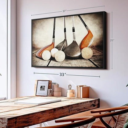 Elephant Stock Golf Sets Wall Art - Horizontal Framed Canvas - 1-Piece Mancave Wall Decor - Photography Sports Canvas Print - Yellow and Brown Decor for Wall - 37" X 25"