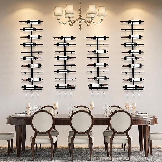 8 Bottle Wall Mount Wine Rack with Wine Glass Holder, Metal Wine Wall Rack, Wall Racks for Wine Bottles Display and Storage, Hanging Bottle Organizer for Living Dining Room Wine Cellar Bar (Black）