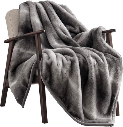 Ultra Soft Luxury Fluffy Mink Faux Fur Throw Blanket, Thick Warm Fall Winter Blankets for Bed, Couch, Cozy Plush Reversible Blanket for Chair, Sofa (Ombré Silver Onyx, 60"x80")