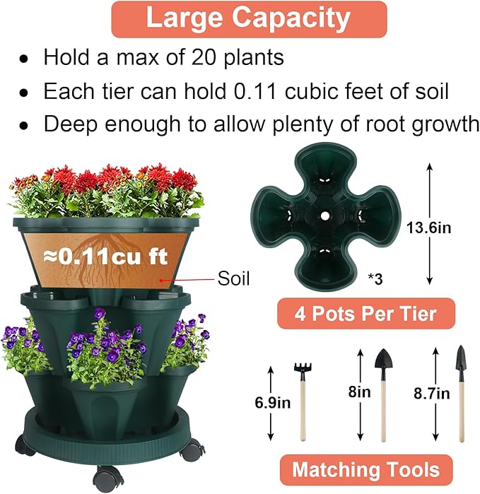 Vertical Planter 3 Tier Stackable Planters Garden Planters Strawberry Herb Flower and Vegetable Planter Indoor Outdoor Gardening Pots with Removable Wheels and Tools 2-Pack