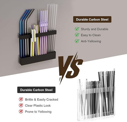 Magnetic & Adhesive Straw Organizer – Carbon Steel Utensil Holder for Reusable Straws, Chopsticks & Stirrers – Wall or Fridge Mount, Space-Saving Black Storage Rack