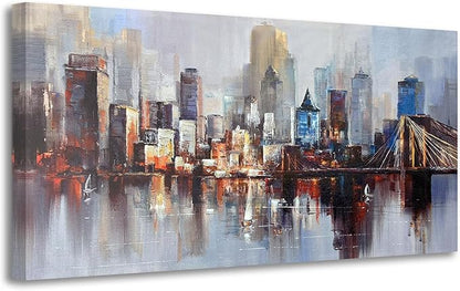 Arjun Brooklyn Bridge Wall Art Modern New York City Abstract Canvas Cityscape Painting, NYC Skyline Textured Picture for Living Room Bedroom Home Office Wall Decor Extra Large Size Framed 58"x29"
