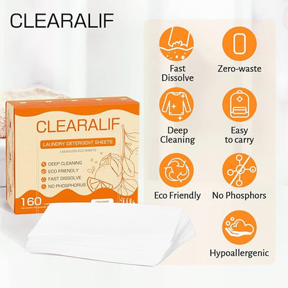 CLEARALIF Laundry Detergent Sheets (320 Loads), Orange,Great For Travel,Apartments, Dorms,CLEARALIF Laundry Detergent Strips Eco Friendly & Hypoallergenic (80 Count, Pack of 2)