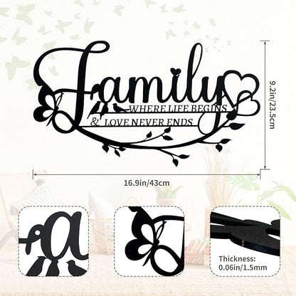 Family Sign Black Metal Wall Art Decor, Oppro Family Where Life Begins Love Never Ends Wrought Iron Wall Decorations, Hanging Plaque Letters Signs Home Decor for Living Room Bedroom Dining Room Kitchen Mother's Day Father's Day