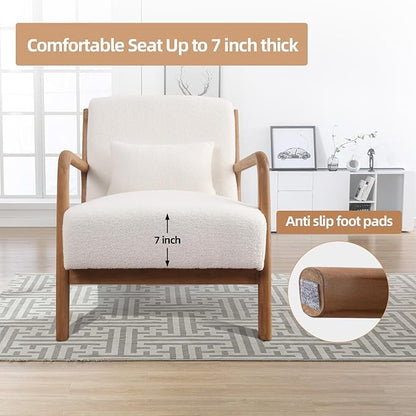 INZOY Mid Century Modern Accent Chair with Lamb Wool Fabric, Upholstered Living Room Chairs with Waist Cushion, Reading Armchair for Bedroom Sunroom, White