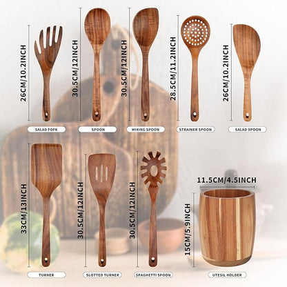 9 PCS Kitchen Utensils Set - Wooden Spoons for Cooking, Natural Teak Wooden Utensils - Includes Wooden Spoons, Spatula Set, Slotted Spoon - Handmade Wooden Spoon Set