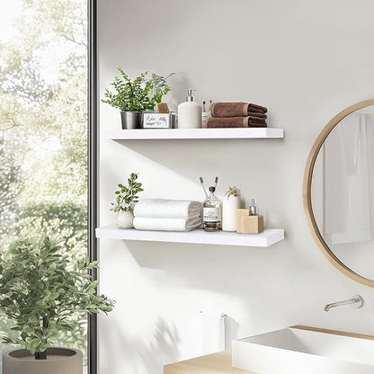 24"x6.8"x1.2" Solid Wood Floating Shelves 2-Pack - Rustic White Finish with Hidden Brackets, Perfect for Storage and Décor in Living Room, Kitchen, Bedroom