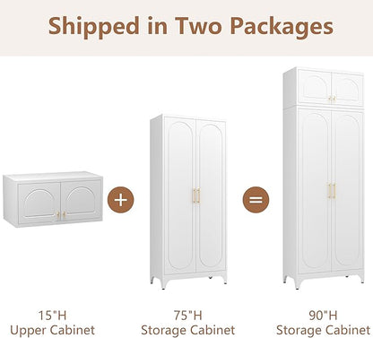 Kitchen Pantry Cabinet, 90" Tall Metal Pantry Cabinet, Food Cupboards with Doors and Shelves, Freestanding Storage Cabinets for Dining, Living Room, 16"D x 32"W x 90"H, White, Assembly Required