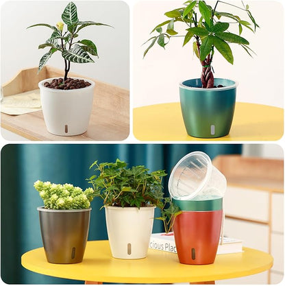 Self Watering Pots for Indoor Plants, 8-Pack 5'' Self Watering Planter with Drainage Holes, Small African Violet Pots with Water Level Indicator, Clear Wick Pot, White/Black