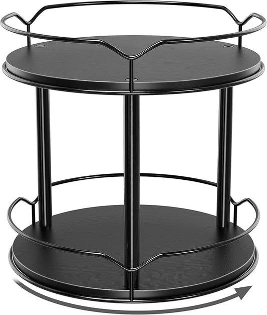 Lazy Susan Organizer 2 Tier - 9.2" Turntable Spice Rack for Table Top, Wooden Rotating Lazy Susan for Cabinet Pantry Kitchen Countertop Dining Table Cupboard Bathroom Vanity Storage(Black)